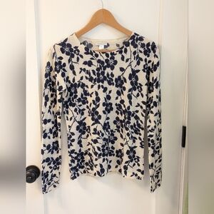 GARNET HILL 100% Merino Wool Cream/Blue Floral Sweater EUC Small